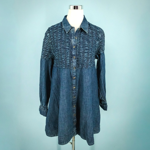 Free People Size Medium M Find Me Now Smocked Denim Jean Long Sleeve Mini Dress - Picture 1 of 7